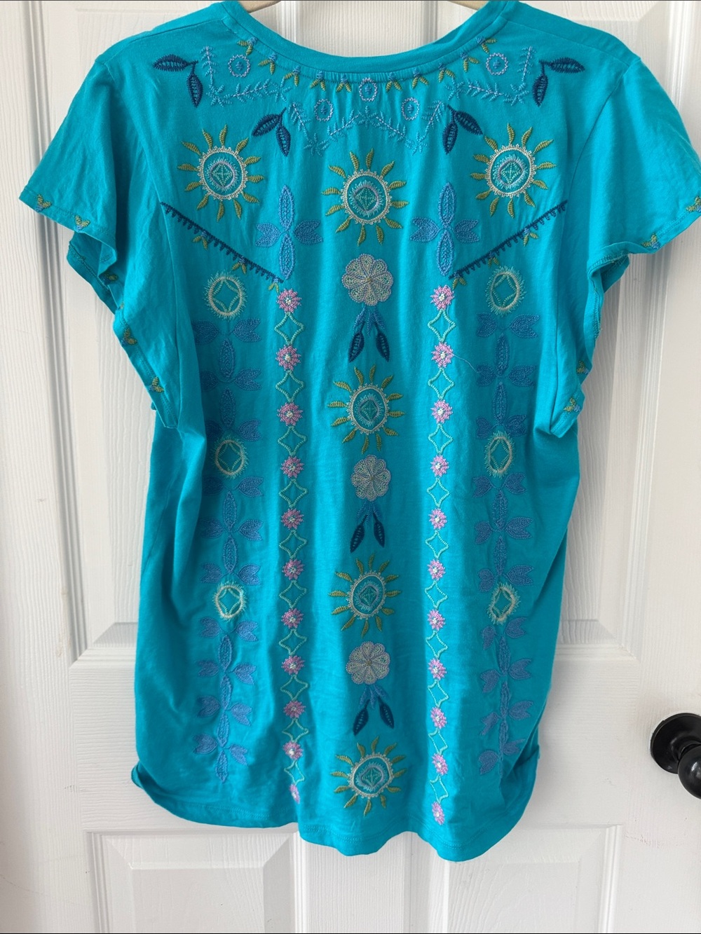 Johnny Was Teal Short-Sleeve Embroidered V-Neck Top - Picture 5 of 5